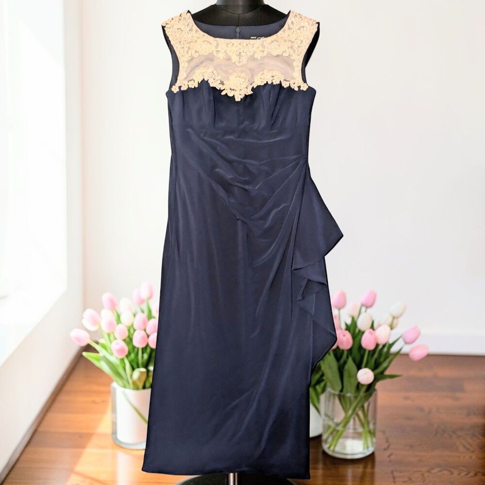 Alex Evenings Formal Gown Dress Size 8 Petite Stretch Navy Blue Floor Length